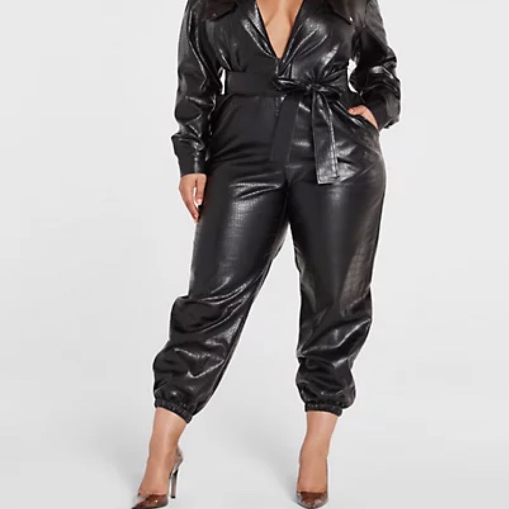 Faux Crocodile Leather Belted Jumpsuit